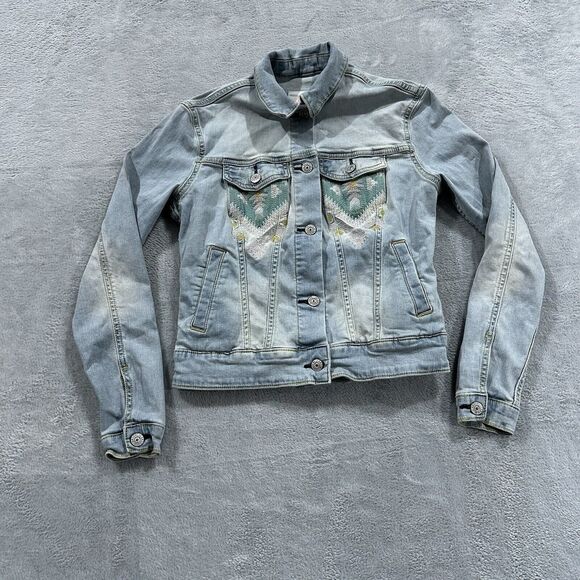 LalaRoe Harvey Denim Jacket Women's 2XS Jean Aztec Embroidered Light Blue Boho - Picture 1 of 8